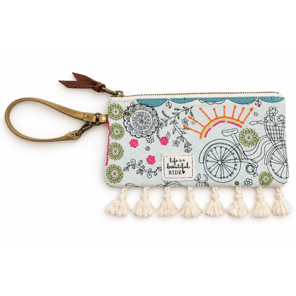 Life is a Beautiful Ride Canvas Bicycle Tassel Wristlet Pouch Blue Boho